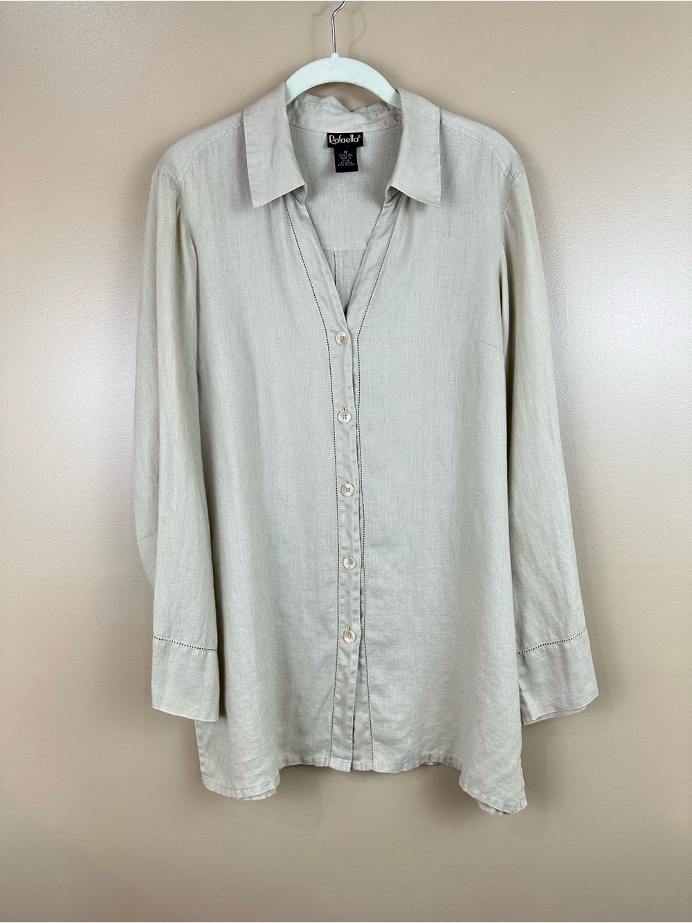 Rafaella 100% Linen Tunic Blouse Sz 12 Beige Openwork Button Front Lagenlook
